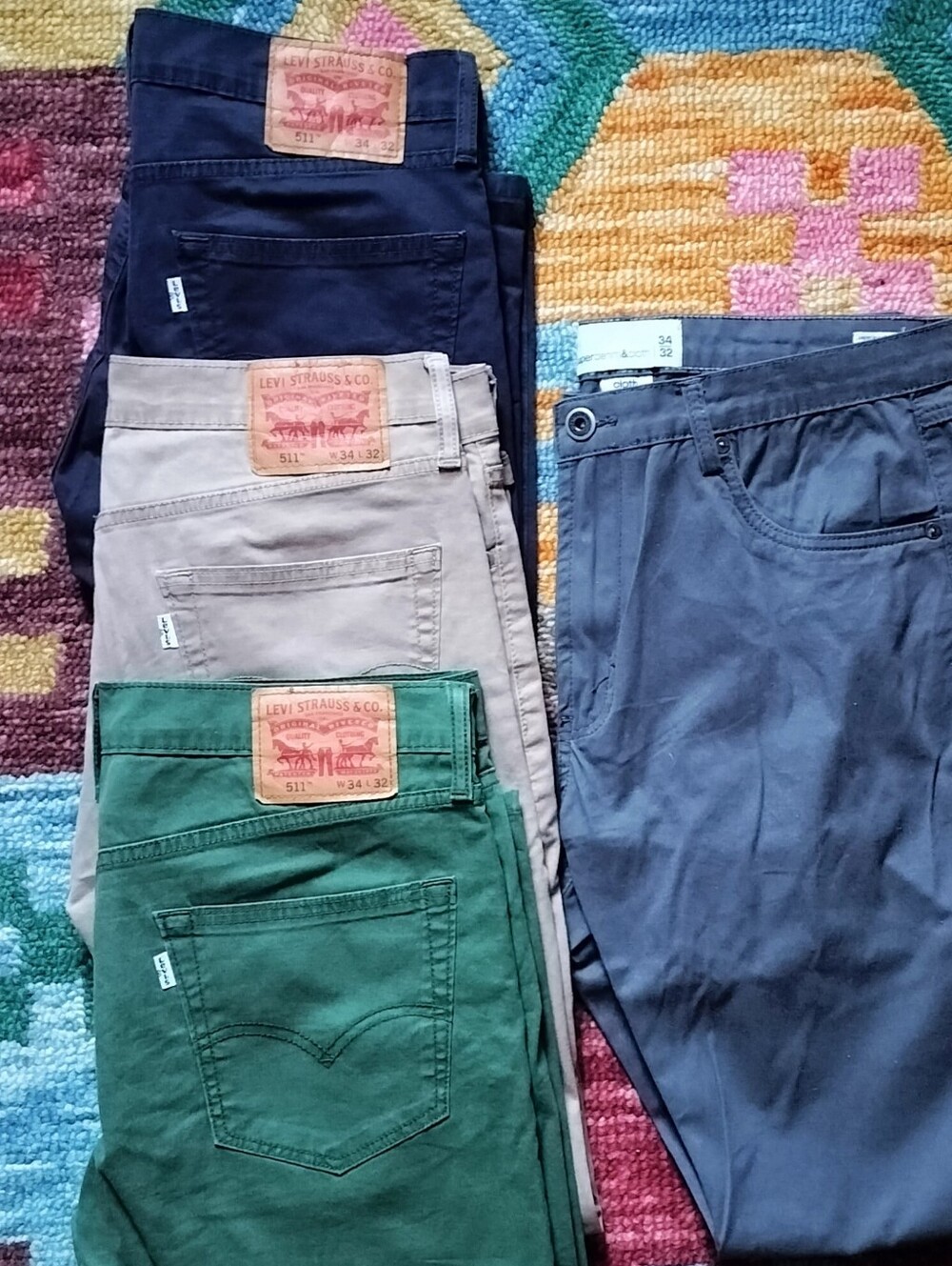 Lot of 3 Levis 511 Chinos Navy Blue, Tan, Green + Paper Denim & Cloth Gray 34 32